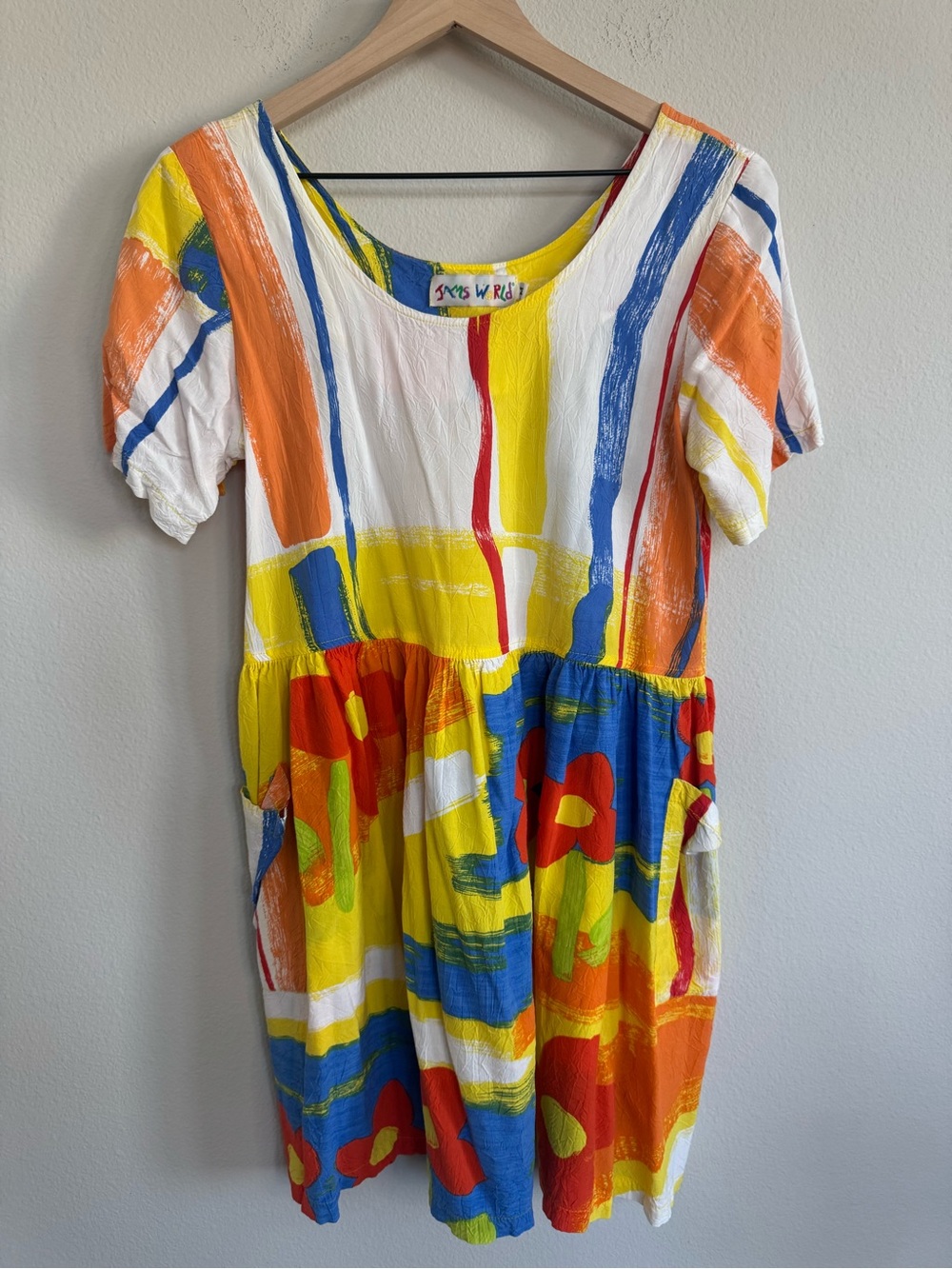 Vintage Jams World Rayon Babydoll Dress Tropical Abstract Floral Pocket Mini M